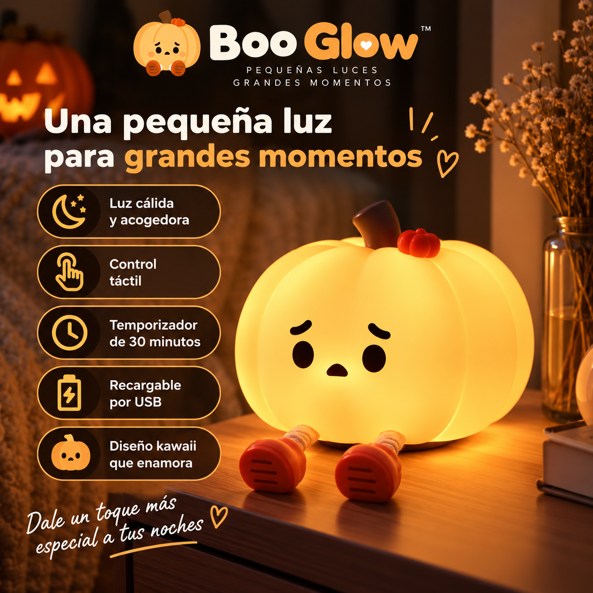 Boo Glow – Lámpara Calabaza Kawaii Táctil